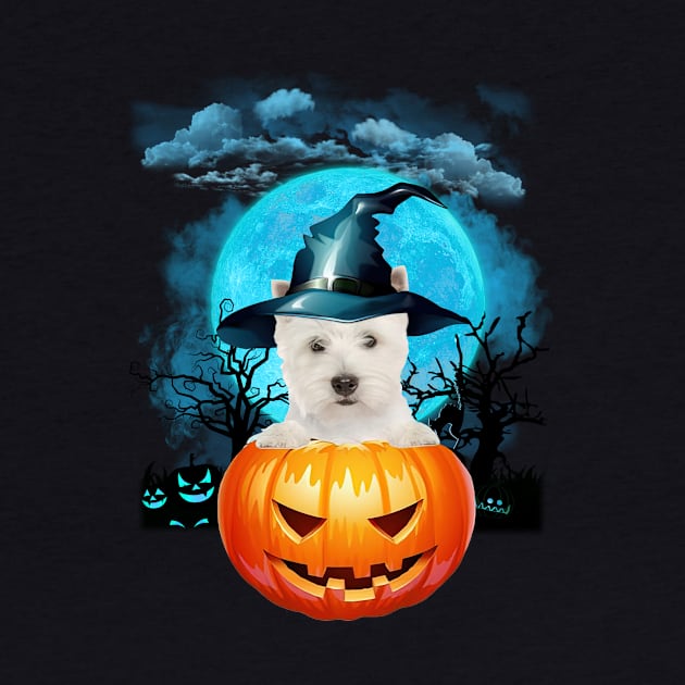 West Highland White Terrier Witch Hat Pumpkin And Blue Moon by PlumleelaurineArt